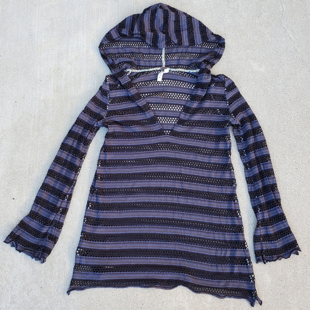 RARE Y2K Vintage Free People Summer Crochet Hoodie Tunic SMALL Like New Sheer